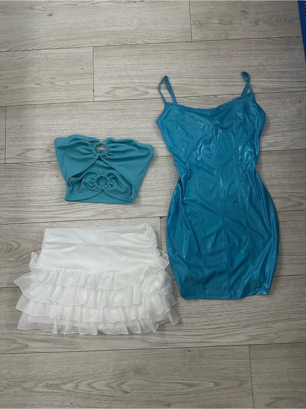 SHEIN Teal Blue Satin Mini Dress with Teal Crop Top and White Ruffle Skirt